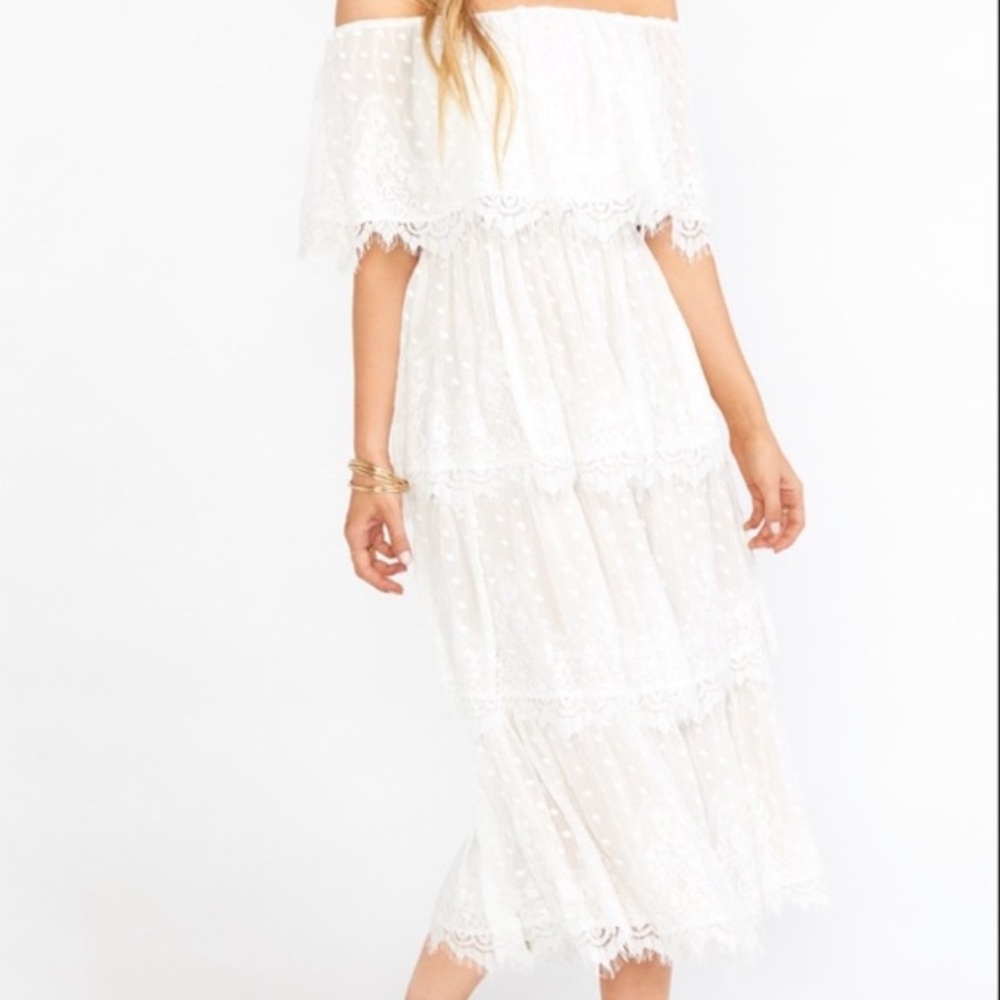 Show Me Your MuMu LANA Off Shoulder White Lace Tiered Midi Dress - Picture 2 of 6